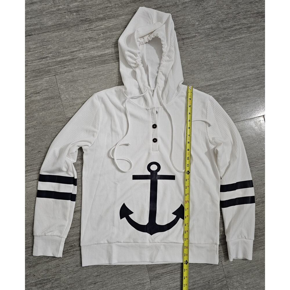 Women’s White Ribbed Hoodie Anchor Nautical Pullover Sweatshirt Size M